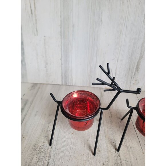 Reindeer red glass tealight candle holder Xmas home decor unique set - Picture 8 of 10